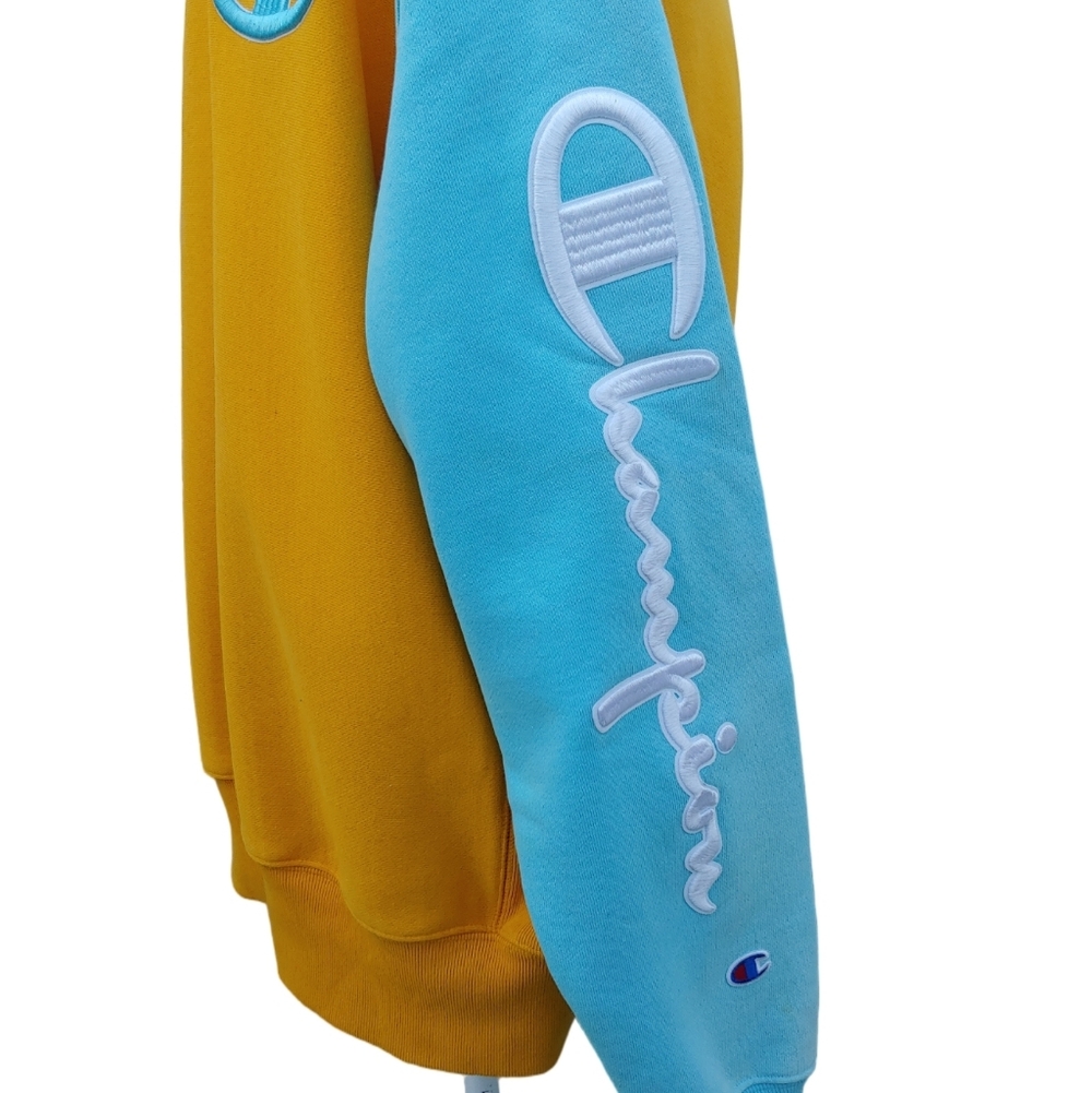 Champion Men's Embroidered Reverse Weave Crewneck in Mustard Teal size Large - Picture 8 of 15